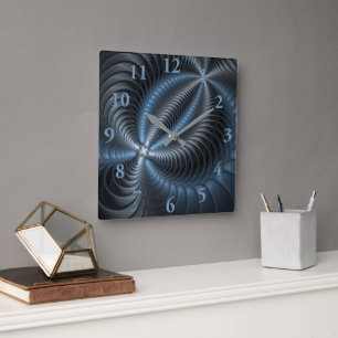Plastic Blue Grey 3D Fractal Art Modern Abstract Square Wall Clock
