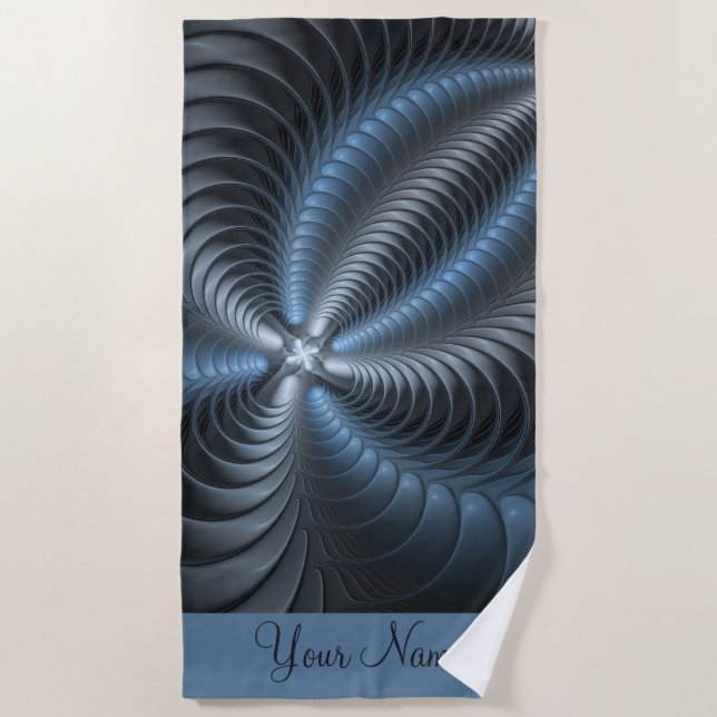 Plastic Blue Grey 3D Fractal Modern Abstract Name Beach Towel (Front)