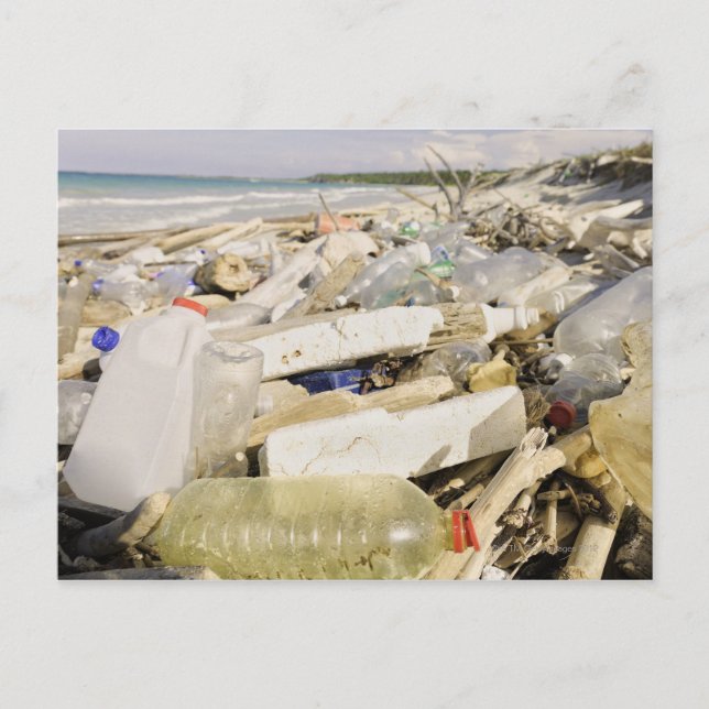 Plastic bottles and ocean dumping on a tropical postcard (Front)