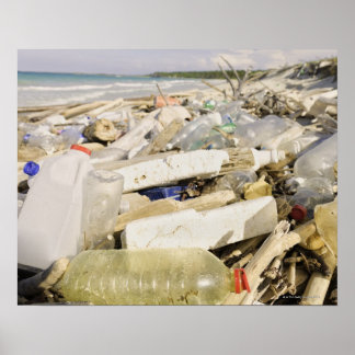 Plastic bottles and ocean dumping on a tropical poster