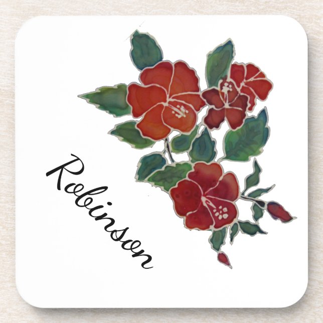 Plastic Coaster - Red Hibiscus with Name (Front)