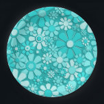 Plastic Flowers Retro 60s 70s Floral Pattern Cyan Paper Plate<br><div class="desc">Plastic Flowers Retro 60s 70s Floral Pattern Print in Light Turquoise. Pretty,  vintage aesthetic print design with a 1960s 1970s hippie flower power vibe; cheerful and nostalgic. Looks a bit 3D,  but isn’t. Fun maximalist design in bright teal aqua cyan blue tones. By Kierkegaard Design Studio.</div>