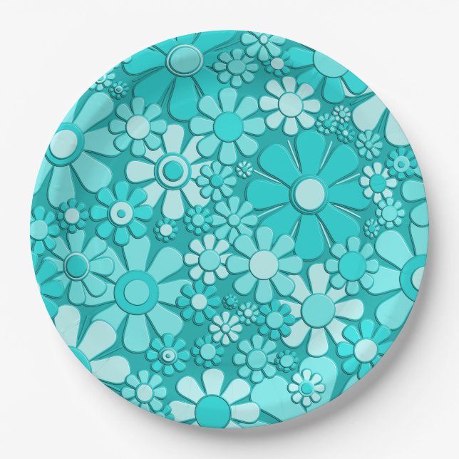 Plastic Flowers Retro 60s 70s Floral Pattern Cyan Paper Plate (Front)