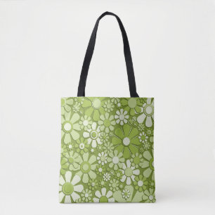 Plastic Flowers Retro 60s 70s Floral Print Green Tote Bag