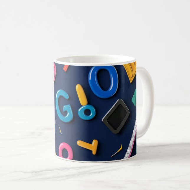 Plastic letters arranged artistically on a dark bl coffee mug (Front Right)