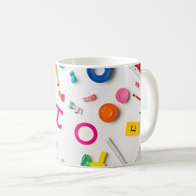 Plastic letters arranged artistically on a dark bl coffee mug (Front Right)