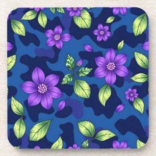 Plastic Metallic Blue Purple Flowers Camo Coaster