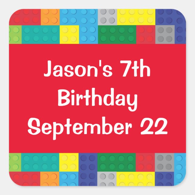 Plastic Toy Bricks Boy's Birthday Party Favour Square Sticker (Front)