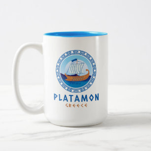 Platamon, Greece Greek Ship Design Two-Tone Coffee Mug