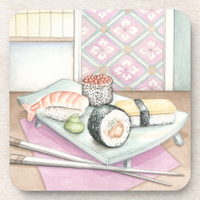 Plate of Assorted Sushi with Chopsticks Coaster (Front)