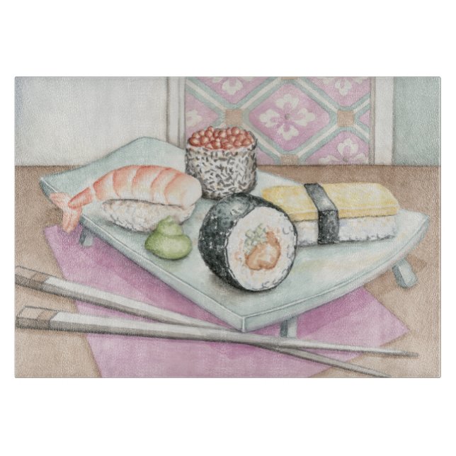 Plate of Assorted Sushi with Chopsticks Cutting Board (Front)