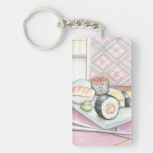 Plate of Assorted Sushi with Chopsticks Key Ring
