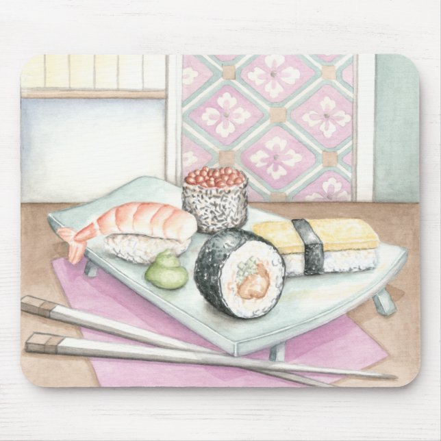Plate of Assorted Sushi with Chopsticks Mouse Pad (Front)