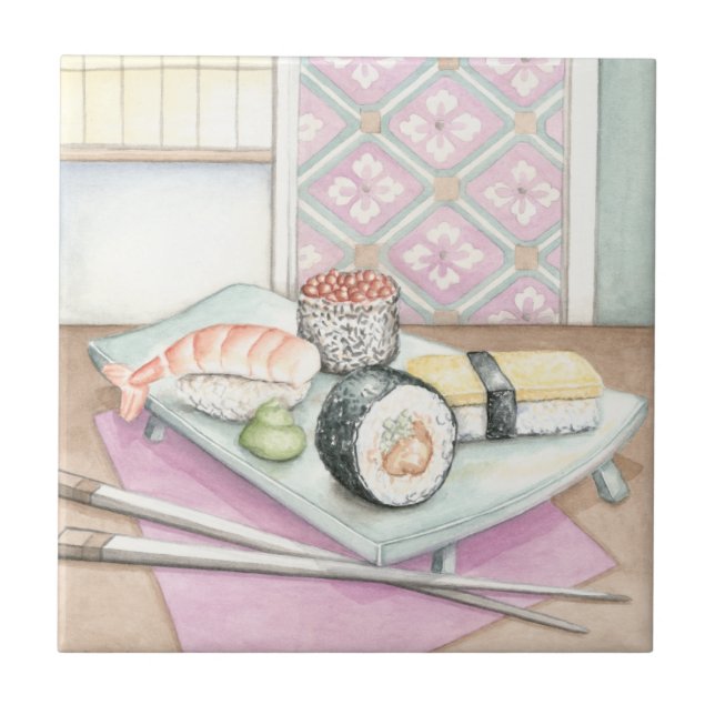 Plate of Assorted Sushi with Chopsticks Tile (Front)