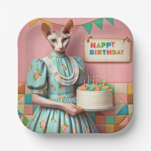 Plate Retro Sphynx Cat Birthday Party Pink
