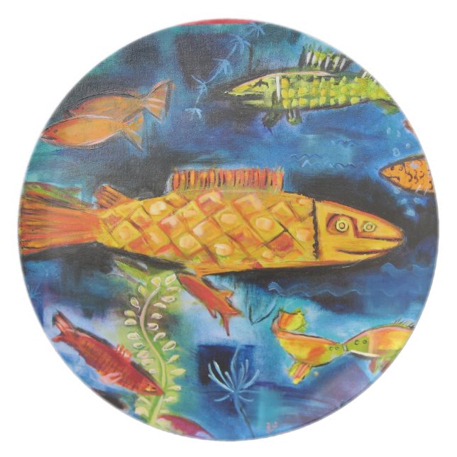 plate with whimsical fish painting (Front)