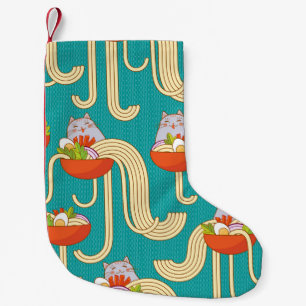Plates of noodles and funny cats. Noodles with spi Small Christmas Stocking