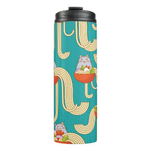 Plates of noodles and funny cats. Noodles with spi Thermal Tumbler
