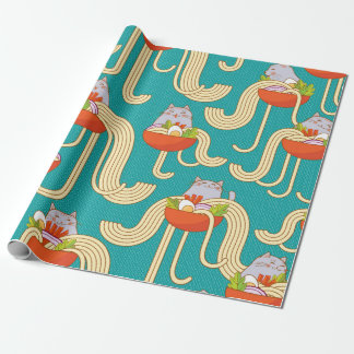 Plates of noodles and funny cats. Noodles with spi Wrapping Paper