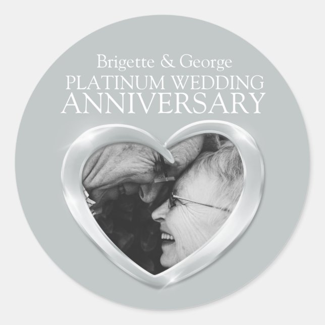 Platinum 70th Anniversary add your own photo heart Classic Round Sticker (Front)