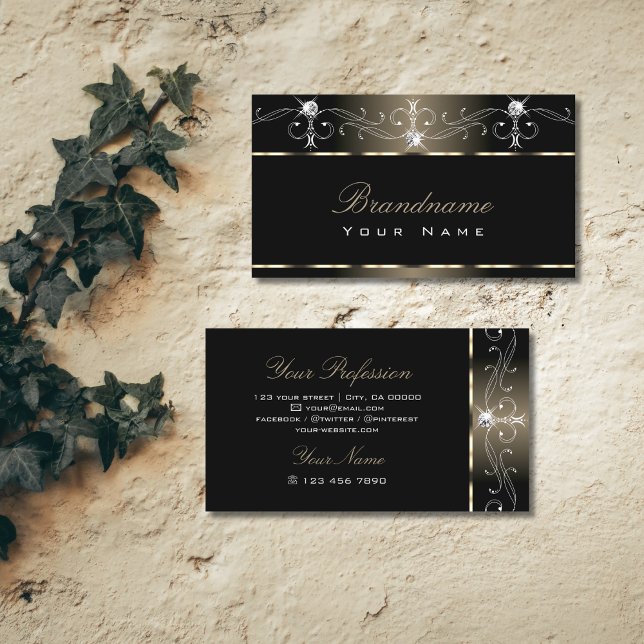 Platinum Black Squiggles Ornate and Sparkle Jewels Business Card (Creator Uploaded)
