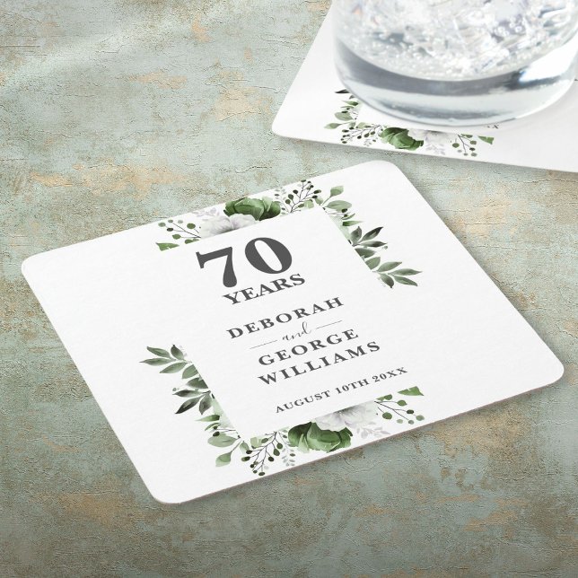 Platinum Elegant Floral 70th Wedding Anniversary  Square Paper Coaster (Platinum Elegant Floral 70th Wedding Anniversary Square Paper Coaster)