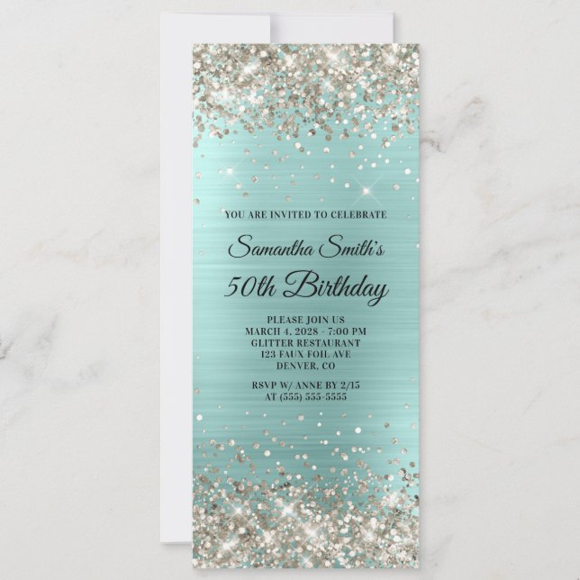 Platinum Glitter Pale Turquoise Foil 50th Birthday Invitation (Front)