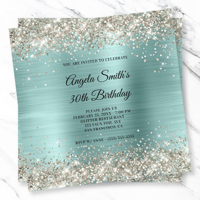 Platinum Glitter Pale Turquoise Foil Monogram Invitation (Platinum Glitter Pale Turquoise Foil Monogram Invitation)