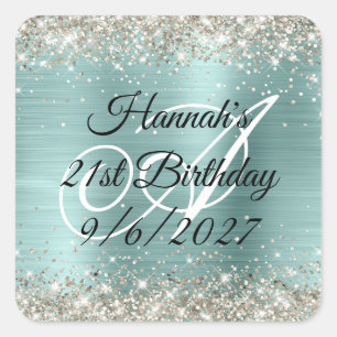Platinum Glitter Teal Foil Monogram 21st Birthday Square Sticker