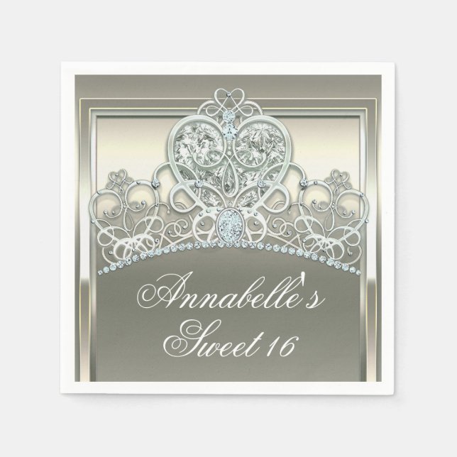 Platinum Ivory Princess Heart Tiara Birthday Party Napkin (Front)