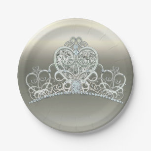 Platinum Ivory Princess Heart Tiara Birthday Party Paper Plate