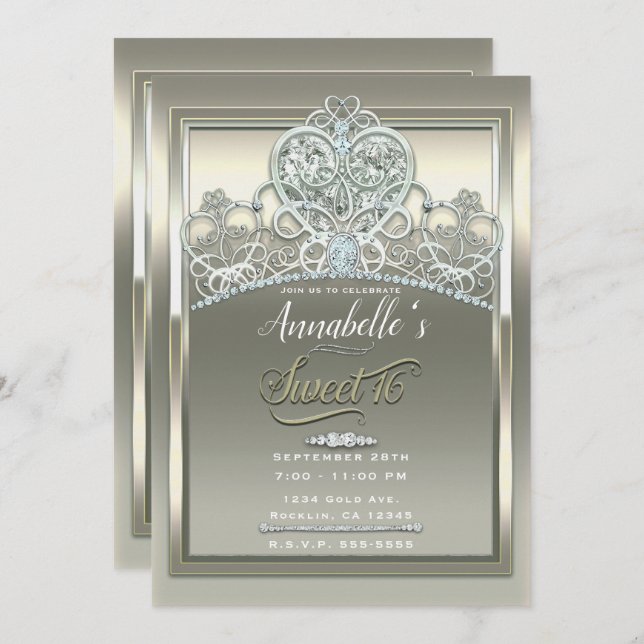 Platinum Ivory Princess Heart Tiara Sweet 16 Party Invitation (Front/Back)