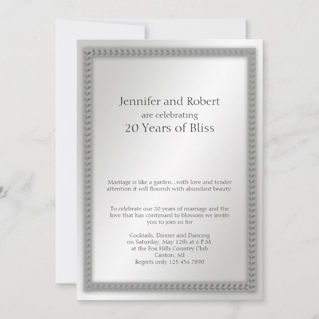 Platinum Leaf 20th Wedding Anniversary Invitation (Front)