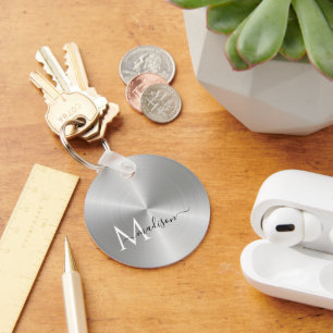 Platinum Radial Metallic Script Name Key Ring