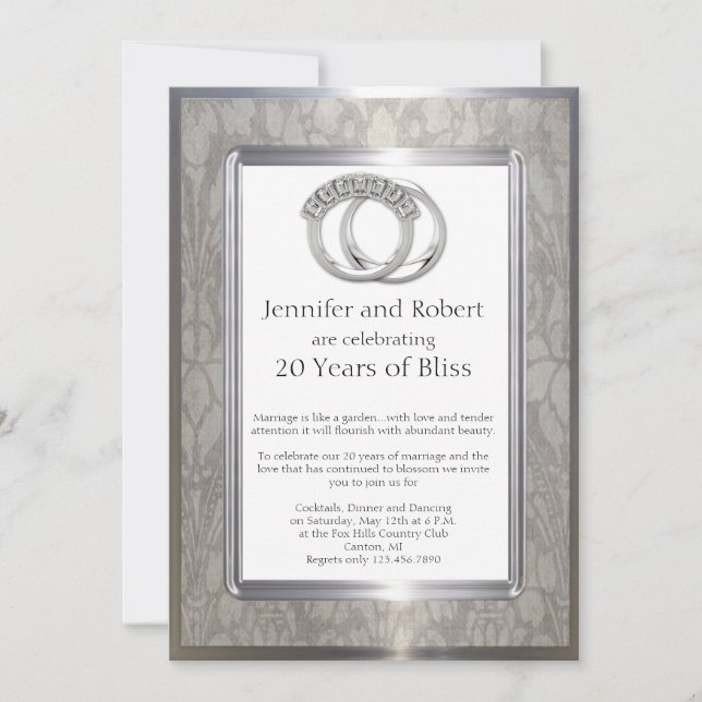 Platinum Rings 20th Wedding Anniversary Invitation (Front)