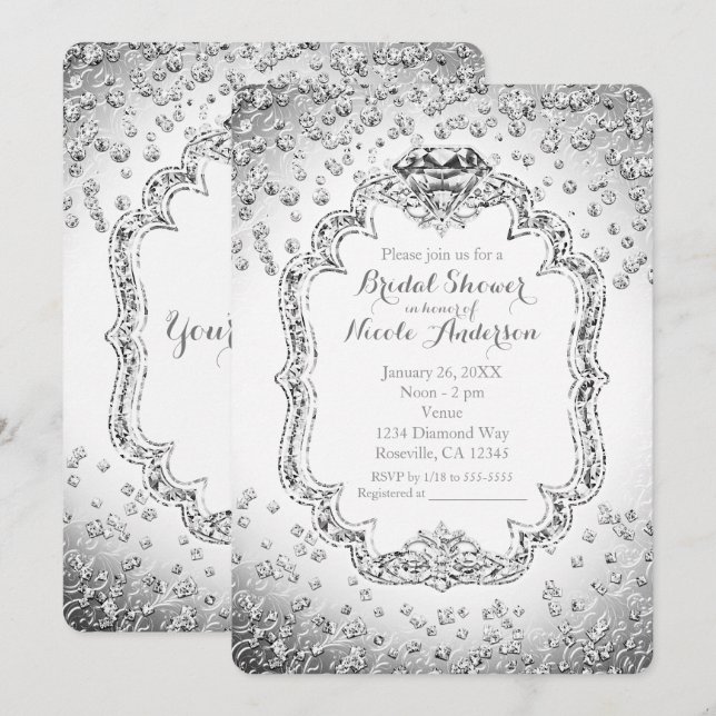 Platinum White Silver Diamond Bling Invitations (Front/Back)