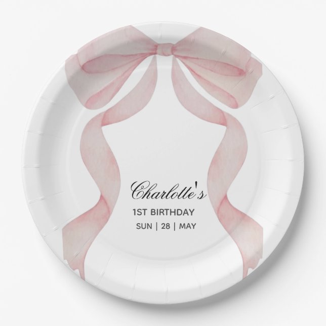 Plato de papel Pink Bow Girls Birthday Paper Plate (Front)