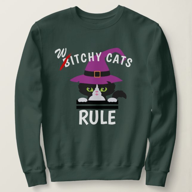 Play on Words Witchy Cats Rule Funny Halloween Sweatshirt (Design Front)