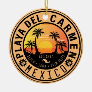 Playa del Carmen Retro Sunset Palm trees 1960s Ceramic Tree Decoration