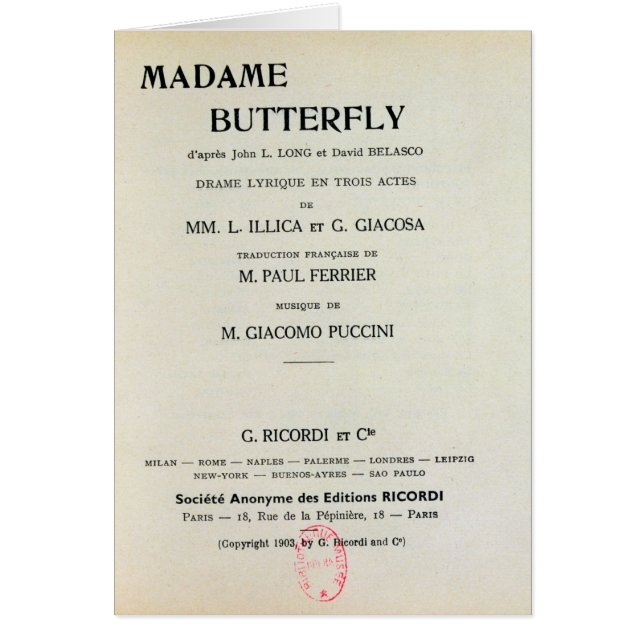 Playbill for Madame Butterfly by Giacomo (Front)