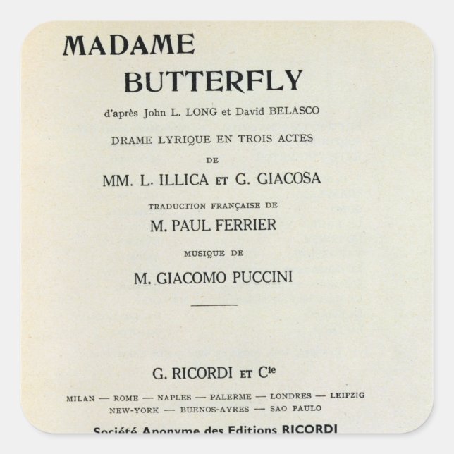Playbill for Madame Butterfly by Giacomo Square Sticker (Front)