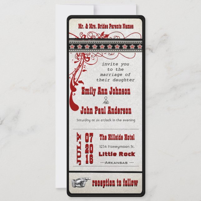 Playbill Ticket Wedding Crimson Burgundy Red Black Invitation (Front)
