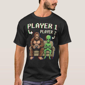 Player 1 Player 2 Bigfoot Alien Video Game T-Shirt