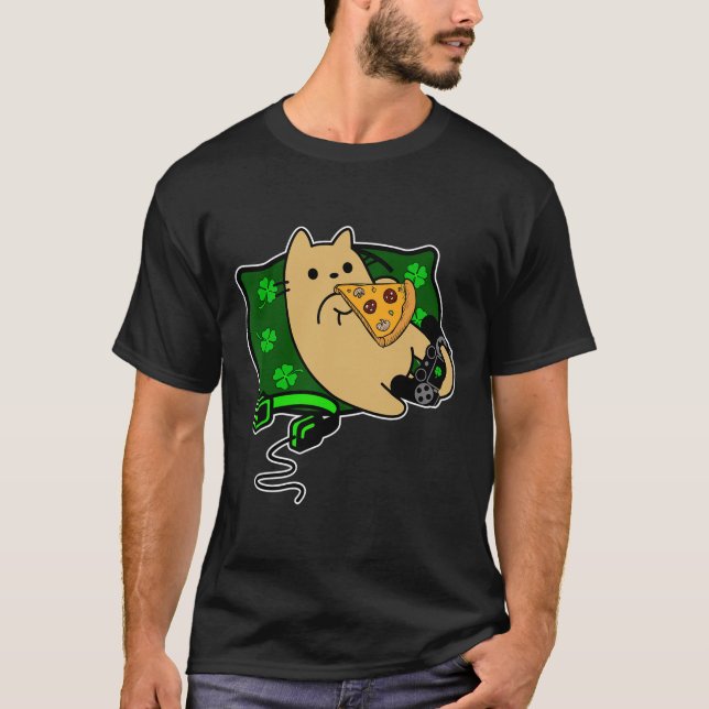 Player Cat Eats Pizza Clover St. Patricks  T-Shirt (Front)