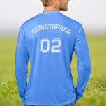 Player Name Jersey Number Mens Blue Long Sleeve Tri-Blend Shirt<br><div class="desc">Create your own custom, personalised, cool stylish white typography / font / script, monogrammed player name jersey number light royal blue, classic crew neck, comfortable, pre-shrunk tri-blend, superior combed and ring-spun jersey cotton, unisex mens long sleeve shirt t-shirt. Simply type in your name / player name and player jersey number,...</div>