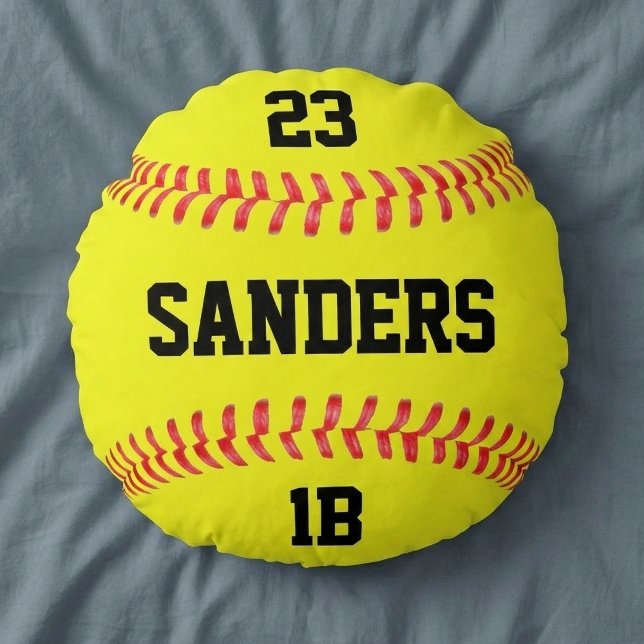 Player Name, Number & Position Fastpitch Softball Round Cushion (Round softball pillow with custom softball player name, player number and position.)