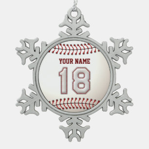 Player Number 18 - Cool Baseball Stitches Snowflake Pewter Christmas Ornament