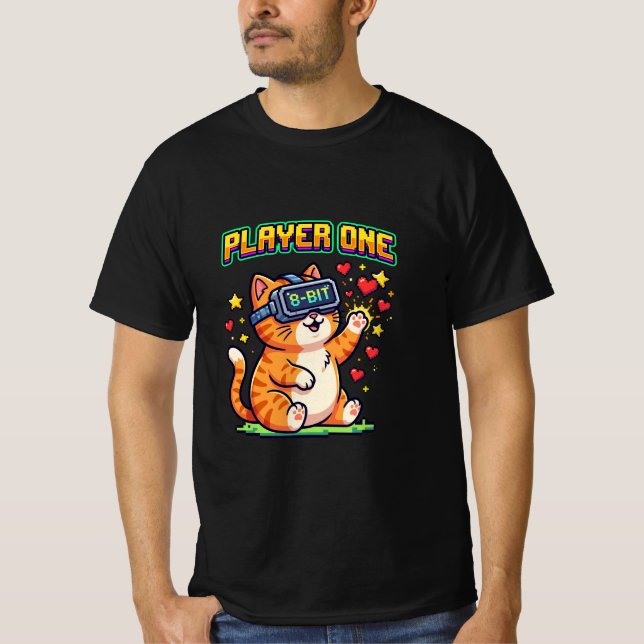 Player One 8-Bit VR Gamer Cat T-Shirt (Front)