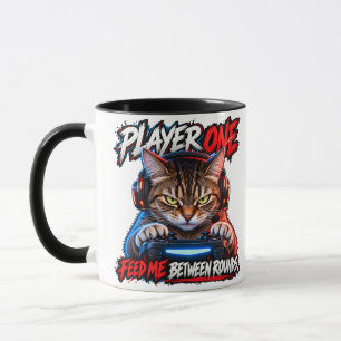 Player One Gamer Cat Red Blue Grunge Art Mug
