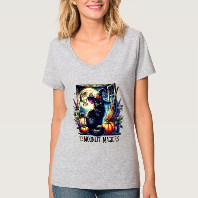 Playera "Moonlit Magic" Black Cat Halloween Shirt (Front)